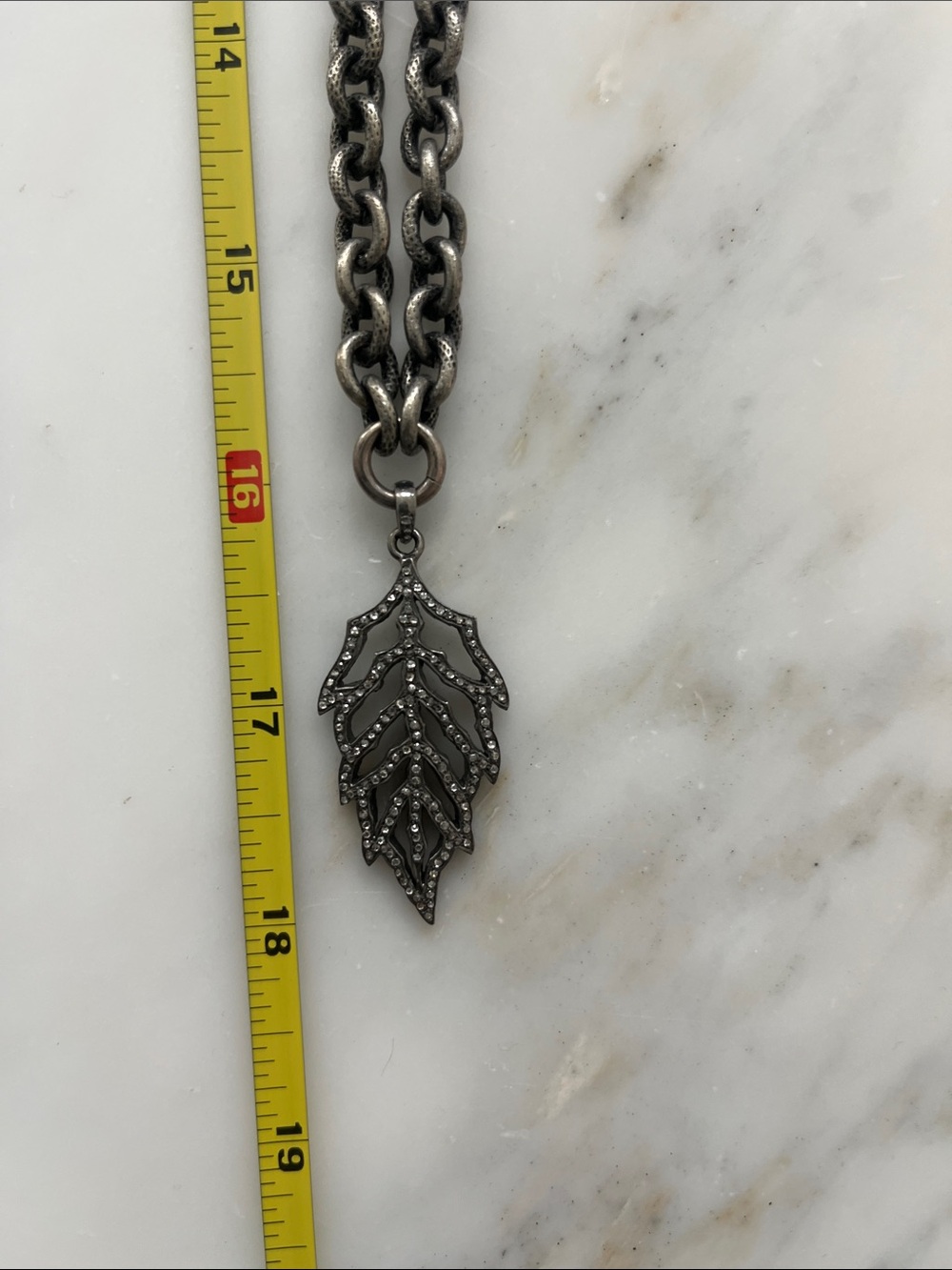 Liza Beth oxadized stainless steel long chains w/baroque pearl and pave leaf